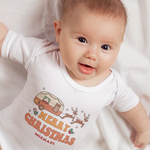 Camping Merry Christmas Reindeer Personalized Name Baby Bodysuit