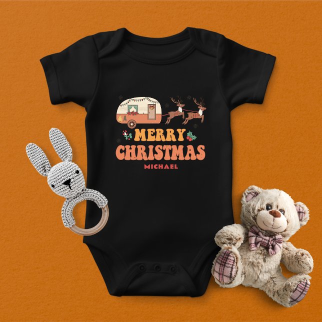 Camping Merry Christmas Reindeer Personalized Name Baby Bodysuit (Creator Uploaded)