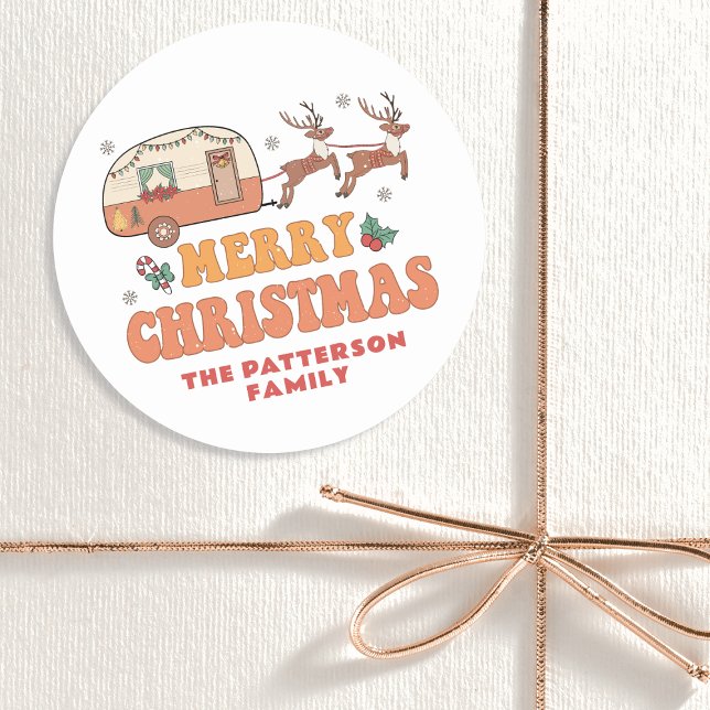 Camping Merry Christmas Reindeer Personalized Name Classic Round Sticker (Creator Uploaded)