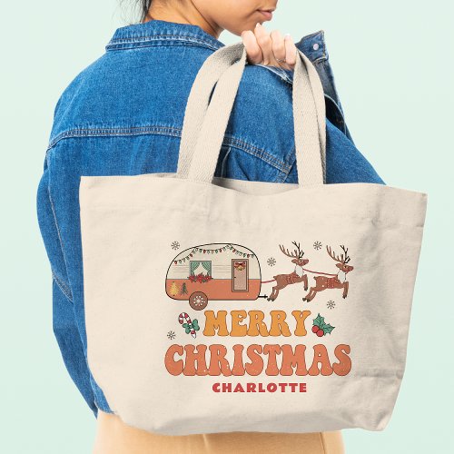 Camping Merry Christmas Reindeer Personalized Name Large Tote Bag