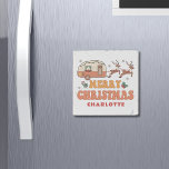 Camping Merry Christmas Reindeer Personalized Name Stone Magnet<br><div class="desc">Camping Merry Christmas Reindeer Personalized Name Magnet features the text "Merry Christmas" in a retro script typography with a festive decorated caravan being pulled by reindeer and accented with snowflakes and holly. Personalize with your custom name for a super gift. Perfect gift for family and friends for Christmas and the...</div>