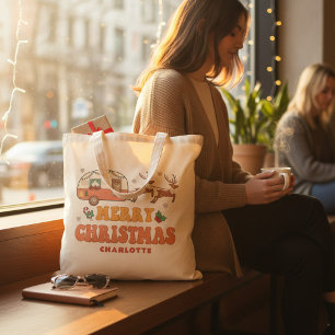 Camping Merry Christmas Reindeer Personalized Name Tote Bag