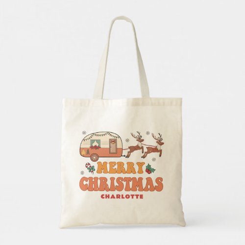 Camping Merry Christmas Reindeer Personalized Name Tote Bag