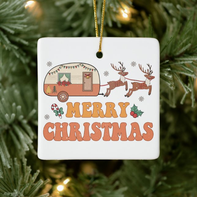 Camping Merry Christmas Reindeer Typography Ceramic Ornament (Tree)