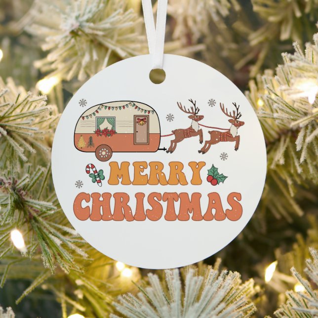 Camping Merry Christmas Reindeer Typography Metal Ornament (Insitu)