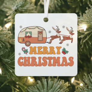 Camping Merry Christmas Reindeer Typography Metal Ornament