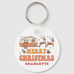 Camping Merry Christmas Retro Camper Reindeer Name Keychain