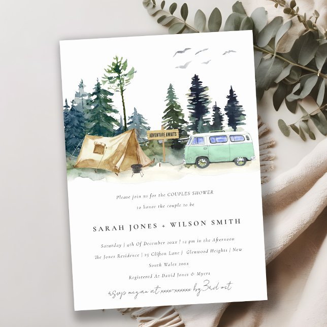 Camping Mint Green Pine Forest Couples Shower Invitation (Creator Uploaded)