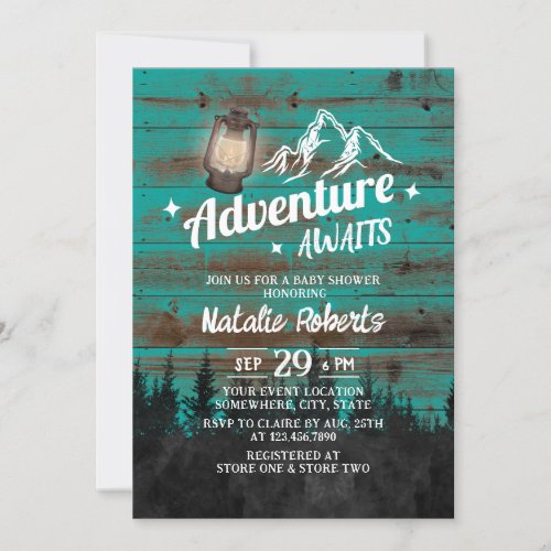 Camping Mountain Adventure Rustic Teal Baby Shower Invitation