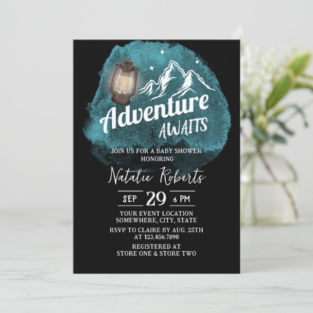 Camping Mountain Adventure Watercolor Baby Shower Invitation (Standing Front)