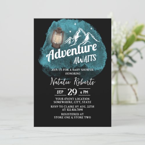 Camping Mountain Adventure Watercolor Baby Shower Invitation