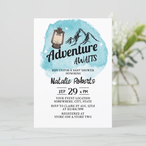 Camping Mountain Adventure Watercolor Baby Shower Invitation