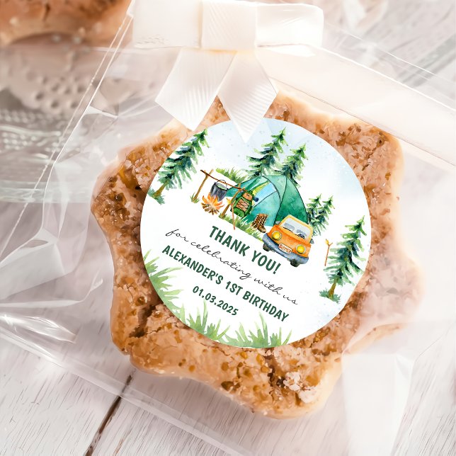 Camping Mountain Rustic Birthday Party  Classic Round Sticker (Creator Uploaded)