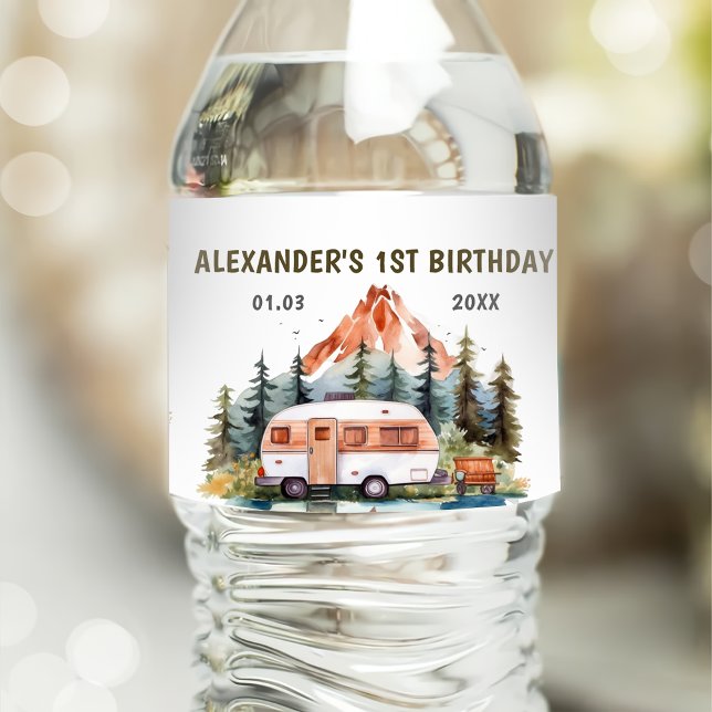 Camping Mountain Rustic Birthday Party Water Bottle Label (Creator Uploaded)