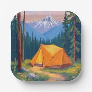 Camping Mountain Watercolor Painting Paper Plates