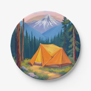 Camping Mountain Watercolor Painting Paper Plates