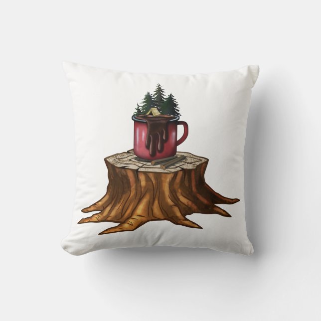 Camping Mug Adventure Throw Pillow (Front)
