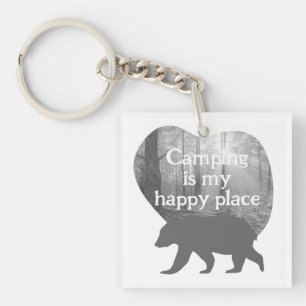 Camping my happy place black n white customizable keychain