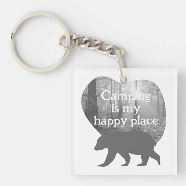 Camping my happy place black n white customizable  keychain (Front)