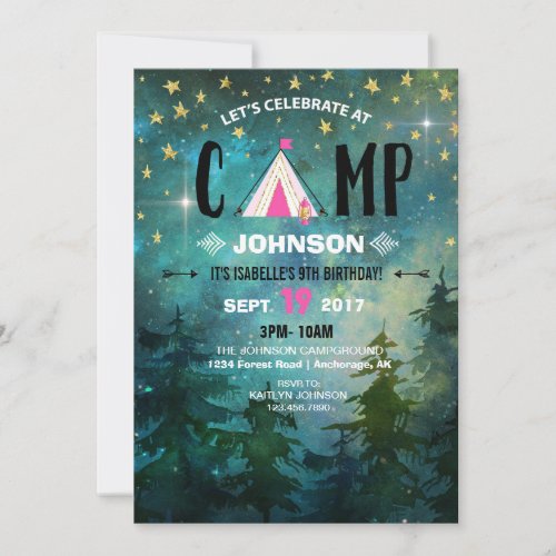 Camping Night Time Forest Wilderness Birthday Invitation