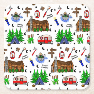 Camping or Midwest Themed Happy Camper Square Paper Coaster