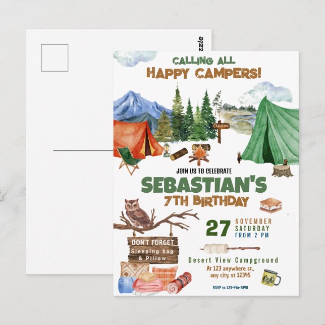 Camping Outdoor Adventure Boy Birthday Party Postcard (Front/Back)