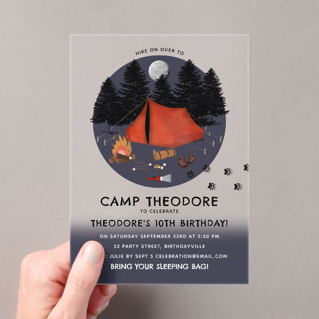 Camping Outdoor Adventure Campfire Birthday Party Acrylic Invitations (Insitu (Handheld))
