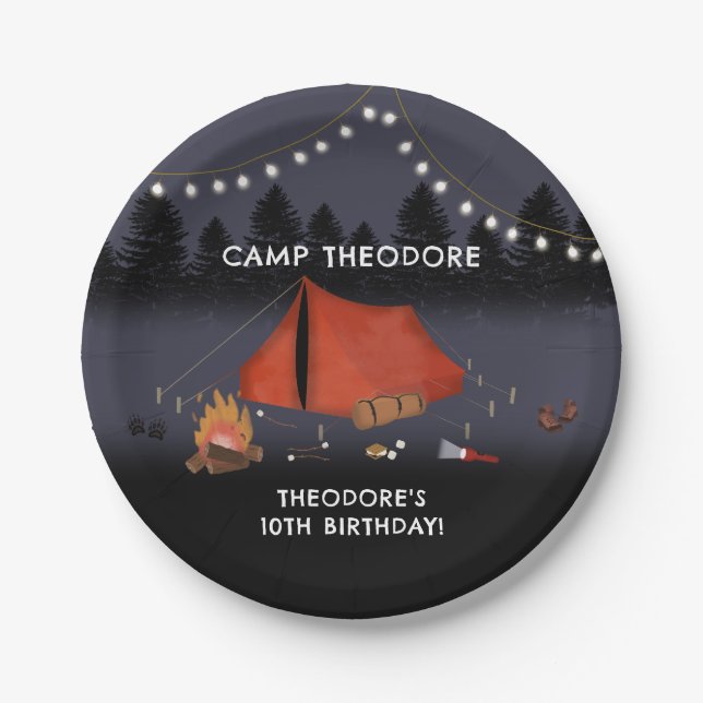 Camping Outdoor Adventure Campfire Birthday Party Paper Plates (Front)