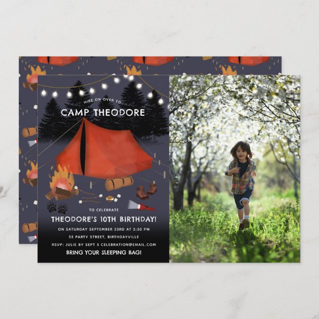 Camping Outdoor Adventure Campfire Birthday Photo Invitation (Front/Back)