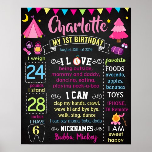 Camping outdoor Pink First Birthday sign