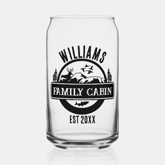 Camping Outdoors Personalized Family Cabin Name  Can Glass (Front)