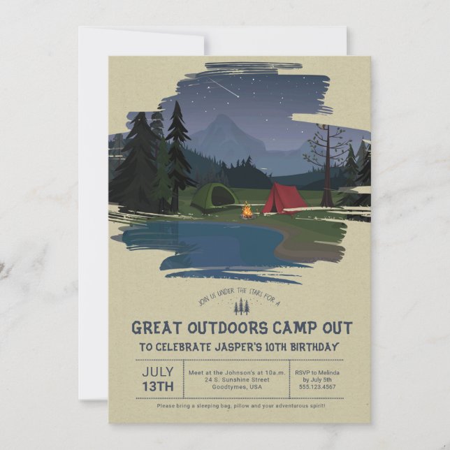 Camping Overnight Weekend Birthday Party Invite (Front)