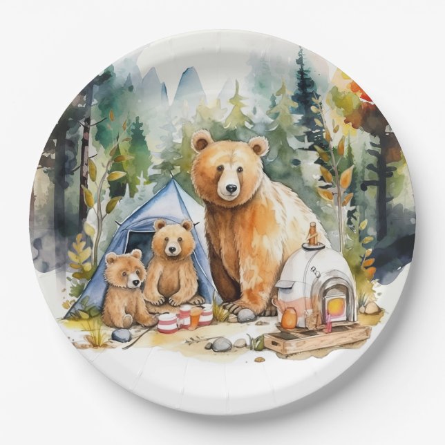 Camping Party Barbecue with bear family Paper Plates (Front)