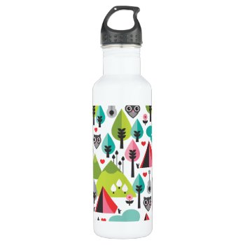 Camping Pattern Owl Illustration Stainless Steel Water Bottle by designalicious at Zazzle