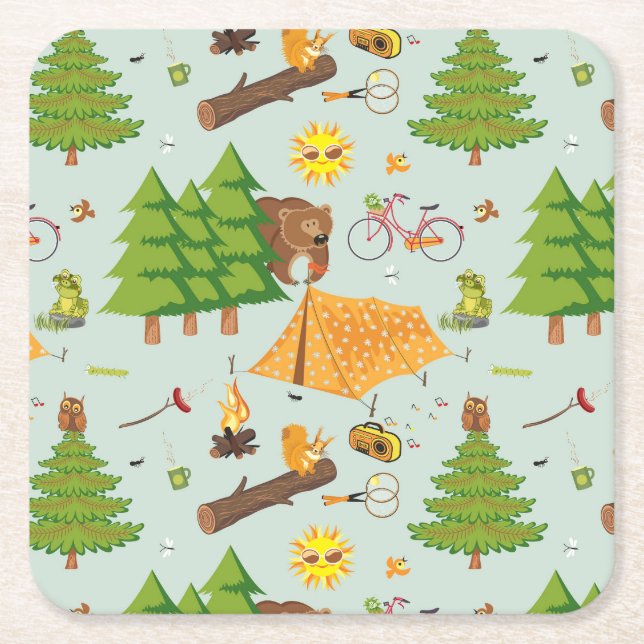 Camping Pattern Square Paper Coaster (Front)