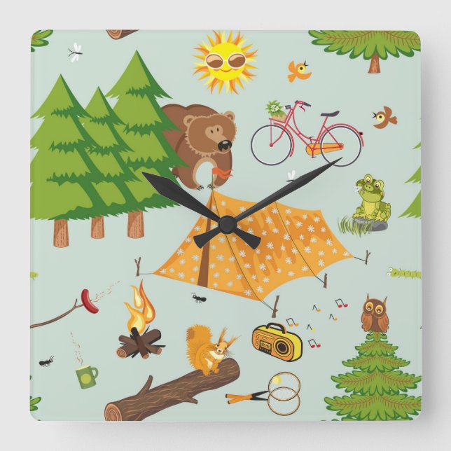 Camping Pattern Square Wall Clock (Front)