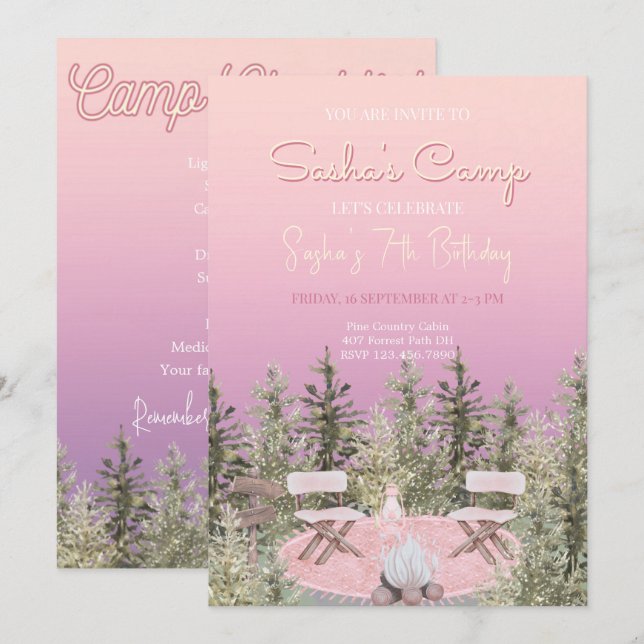 Camping Picnic Forest Girl Birthday Invitation (Front/Back)