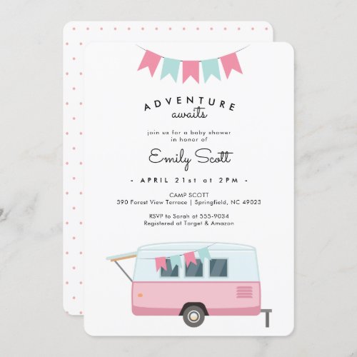 Camping Pink Adventure Awaits Baby Shower Invitation