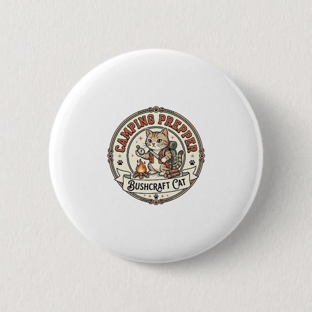Camping Prepper Bushcraft Cat Camping Prepper Bush Button (Front)