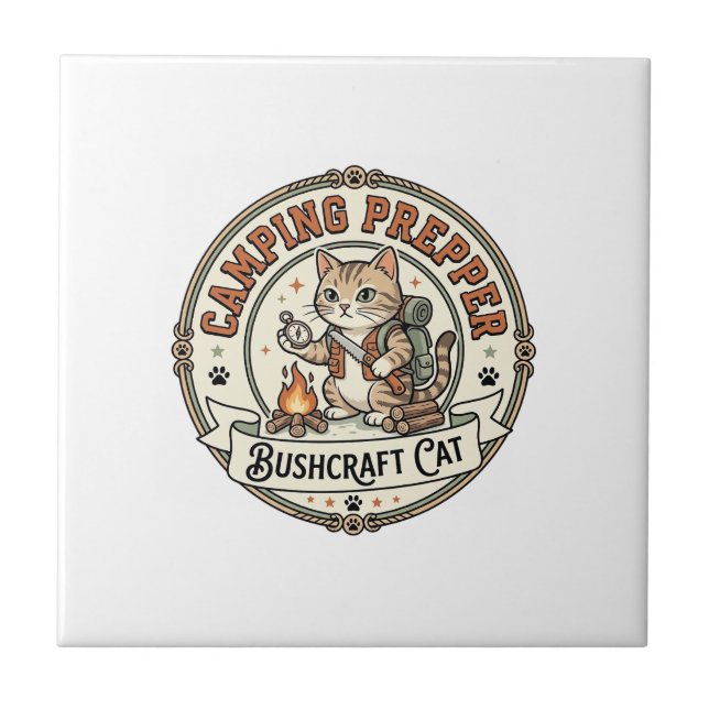 Camping Prepper Bushcraft Cat Camping Prepper Bush Ceramic Tile (Front)