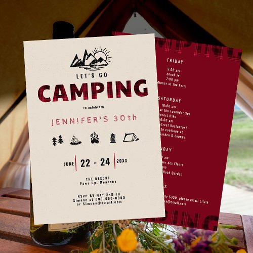 Camping Red Plaid Outdoors 30th Birthday Weekend Invitation
