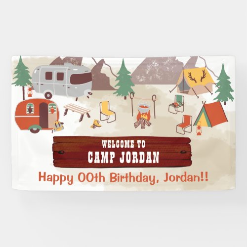 Camping Rustic Woodsy Campground Birthday Banner