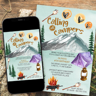 Camping Scene Calling All Campers Girls Birthday Invitation