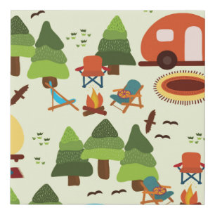 Camping scene - caravan, camping chairs, fire plac faux canvas print