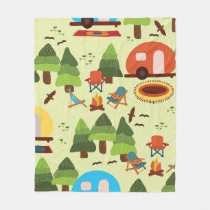 Camping scene - caravan, camping chairs, fire plac fleece blanket