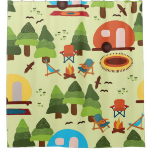 Camping scene - caravan, camping chairs, fire plac shower curtain