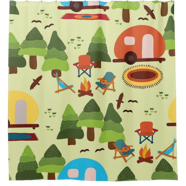 Camping scene - caravan, camping chairs, fire plac shower curtain (Front)