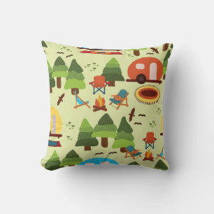Camping scene - caravan, camping chairs, fire plac throw pillow
