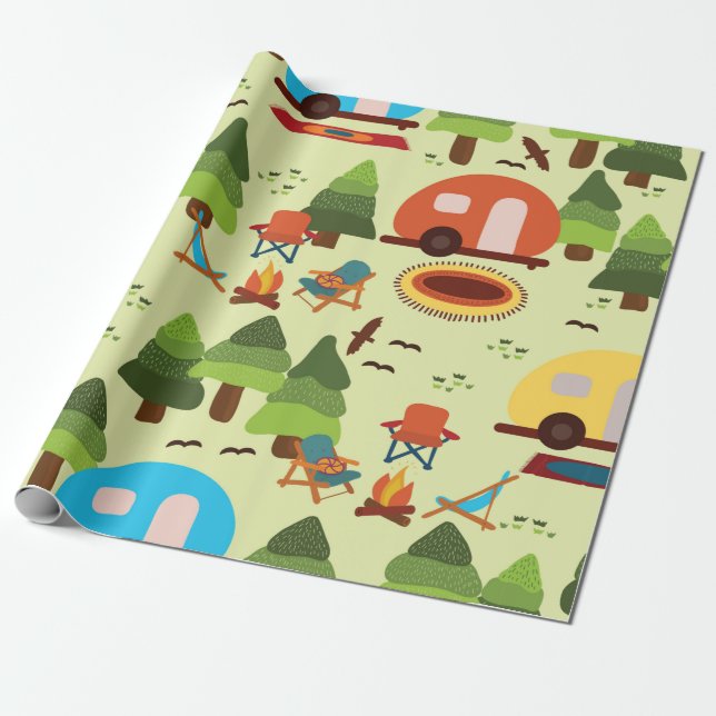 Camping scene - caravan, camping chairs, fire plac wrapping paper (Unrolled)