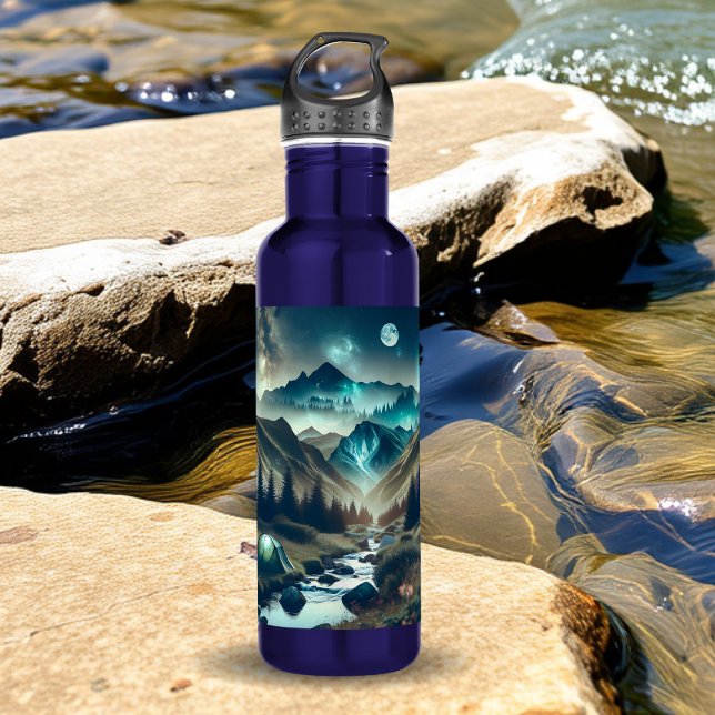 Camping Scene with Mountains and Tent  Stainless Steel Water Bottle (Creator Uploaded)